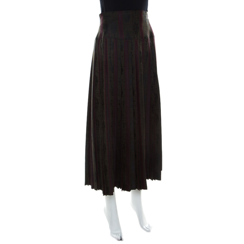 

Dries Van Noten Olive Green and Burgundy Silk Brocade Pleated Skirt