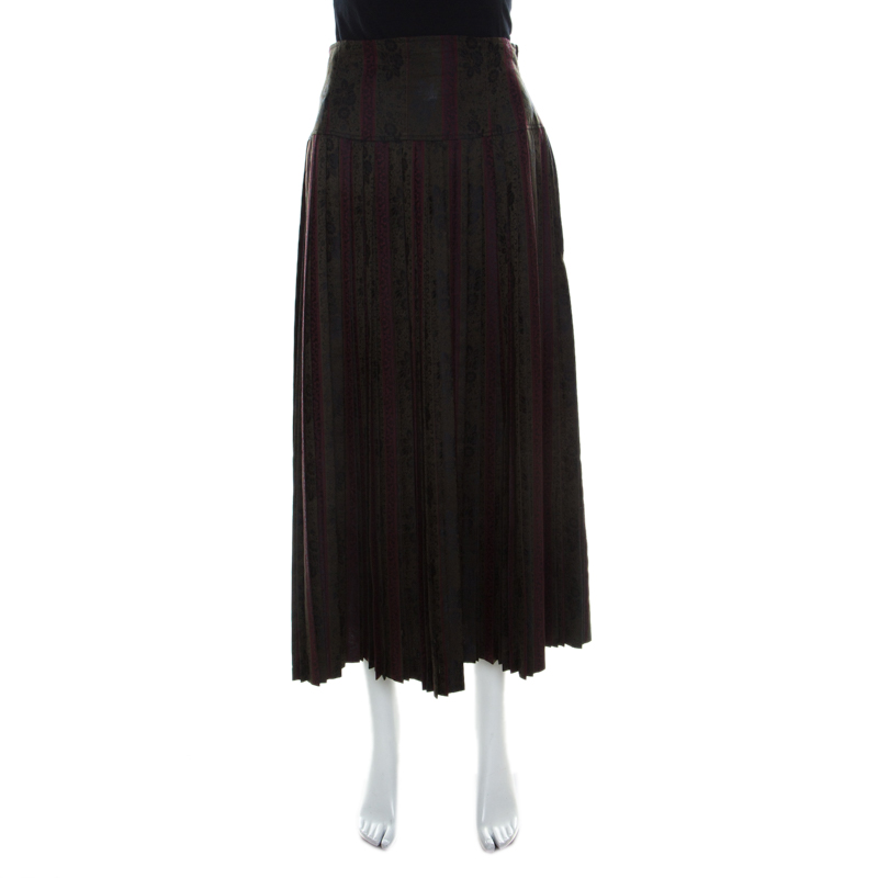 Dries Van Noten Olive Green and Burgundy Silk Brocade Pleated Skirt L 