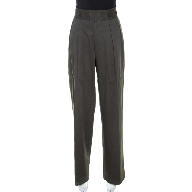 Dries Van Noten Khaki Green Cotton Buckle Detail Wide Leg Trousers L