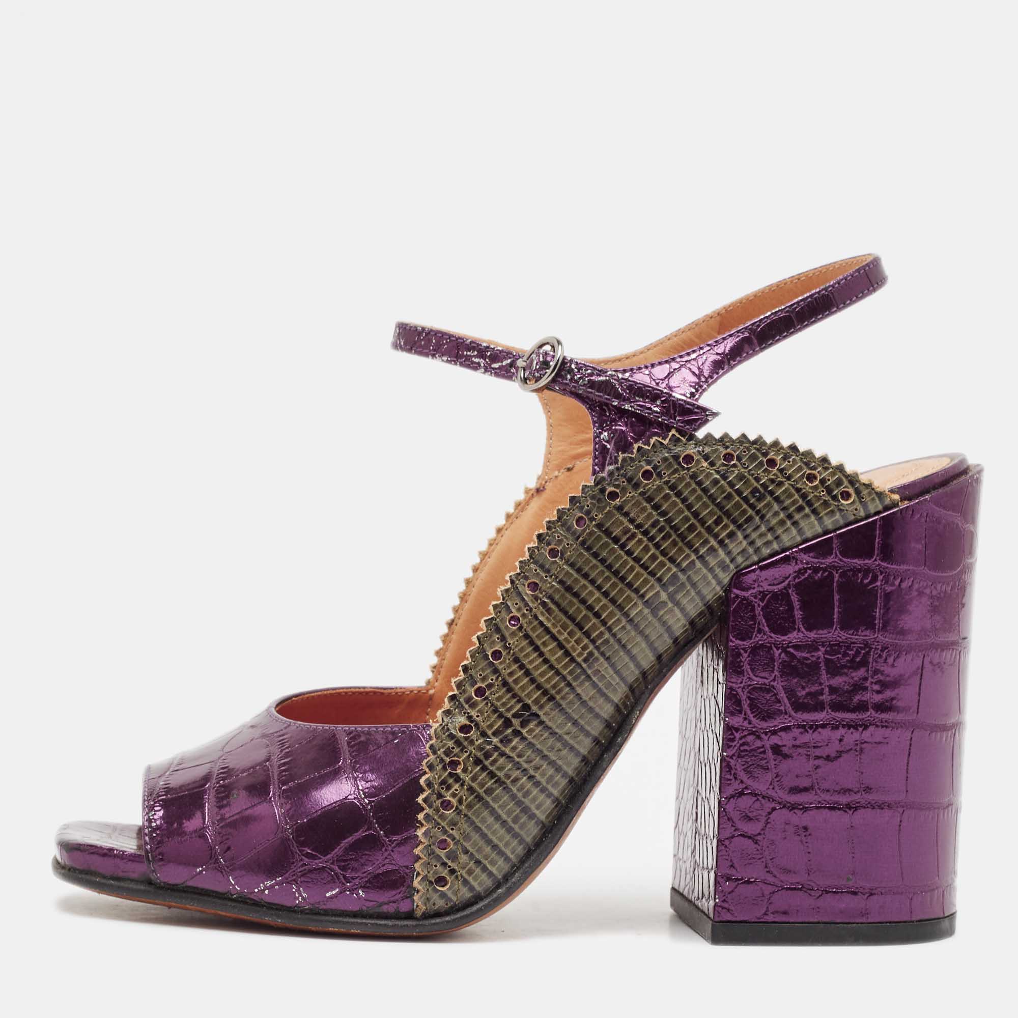 

Dries Van Noten Purple/Green Croc Embossed and Lizard Embossed Ankle Strap Sandals Size