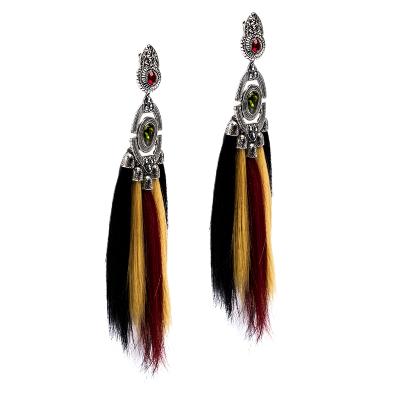 

Dsquared2 Silver Tone Crystal Embellished Tasseled Fur Clip-on Earrings, Multicolor