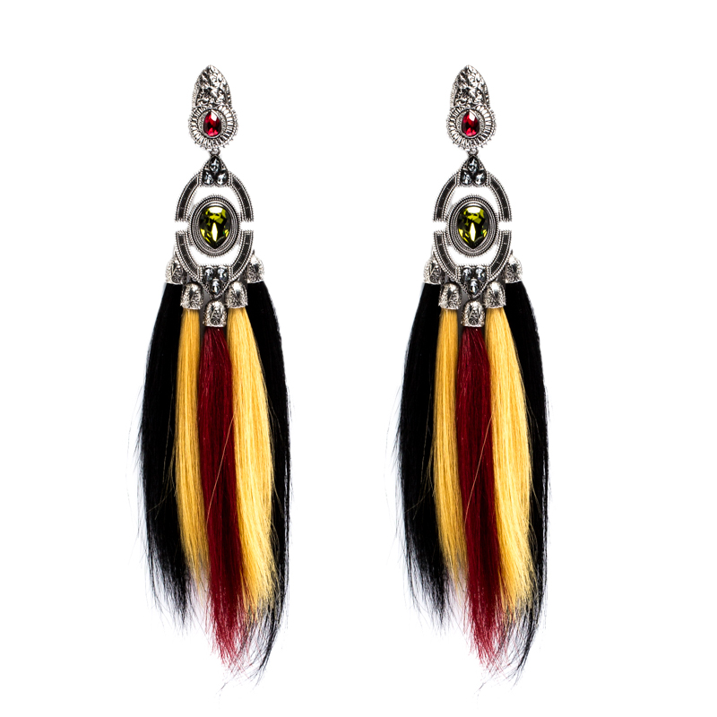 Dsquared2 Silver Tone Crystal Embellished Tasseled Fur Clip-on Earrings