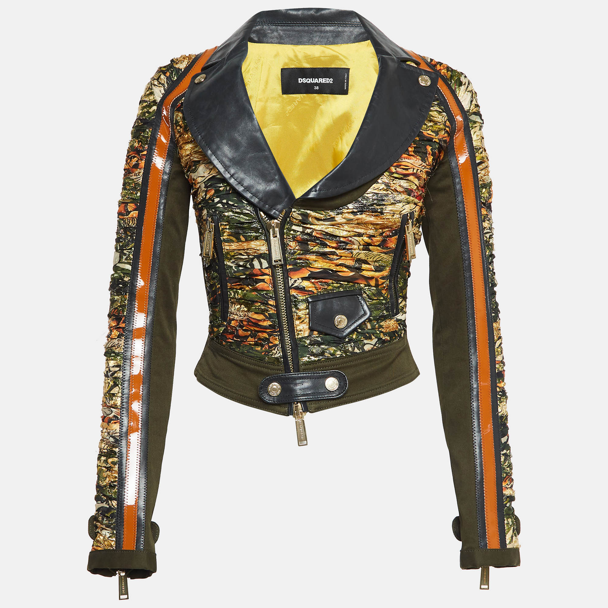 

Dsquared2 Green Gabardine and Printed Crepe Zip-Up Jacket S