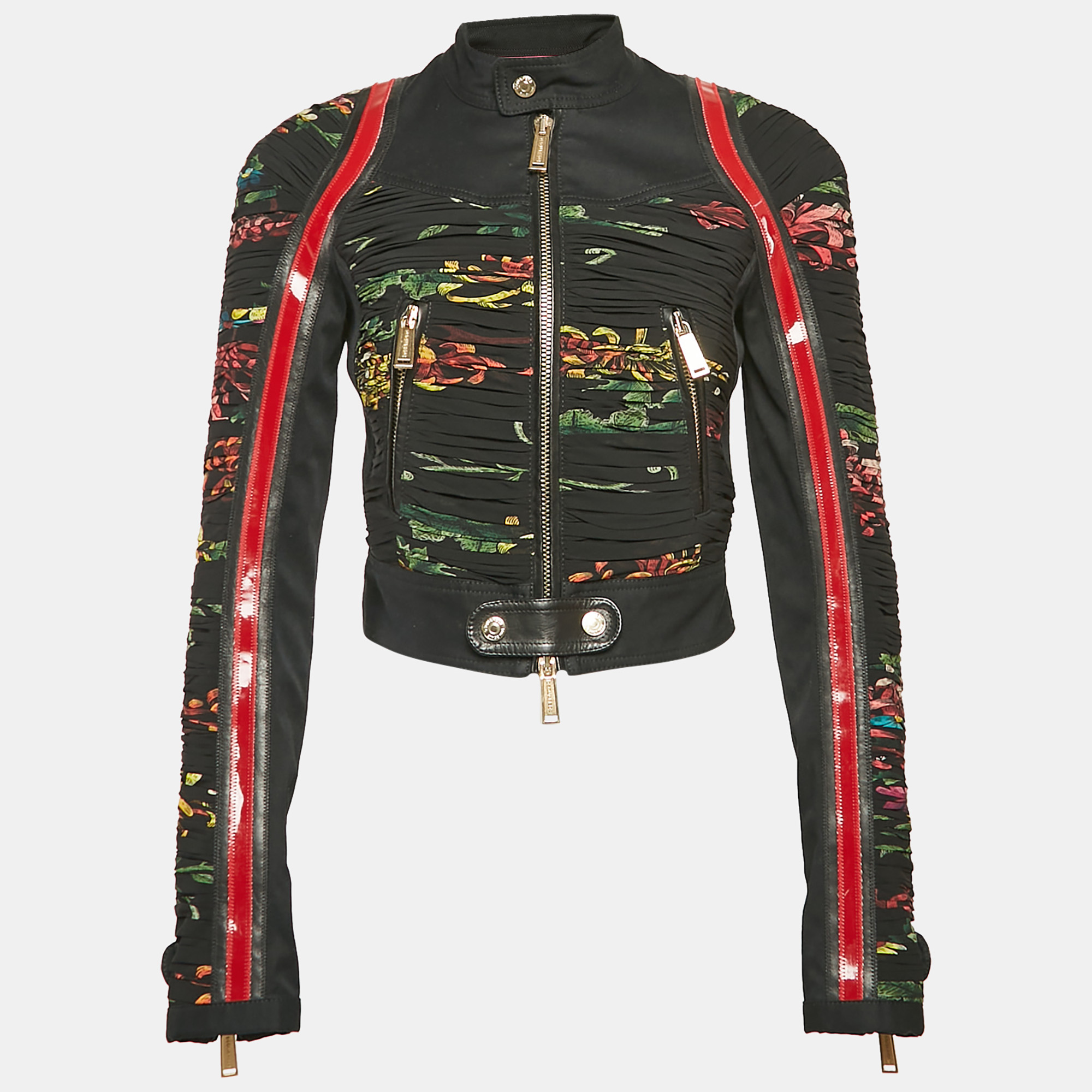 

Dsquared2 Black Floral Print Denim and Crepe Gathered Jacket S