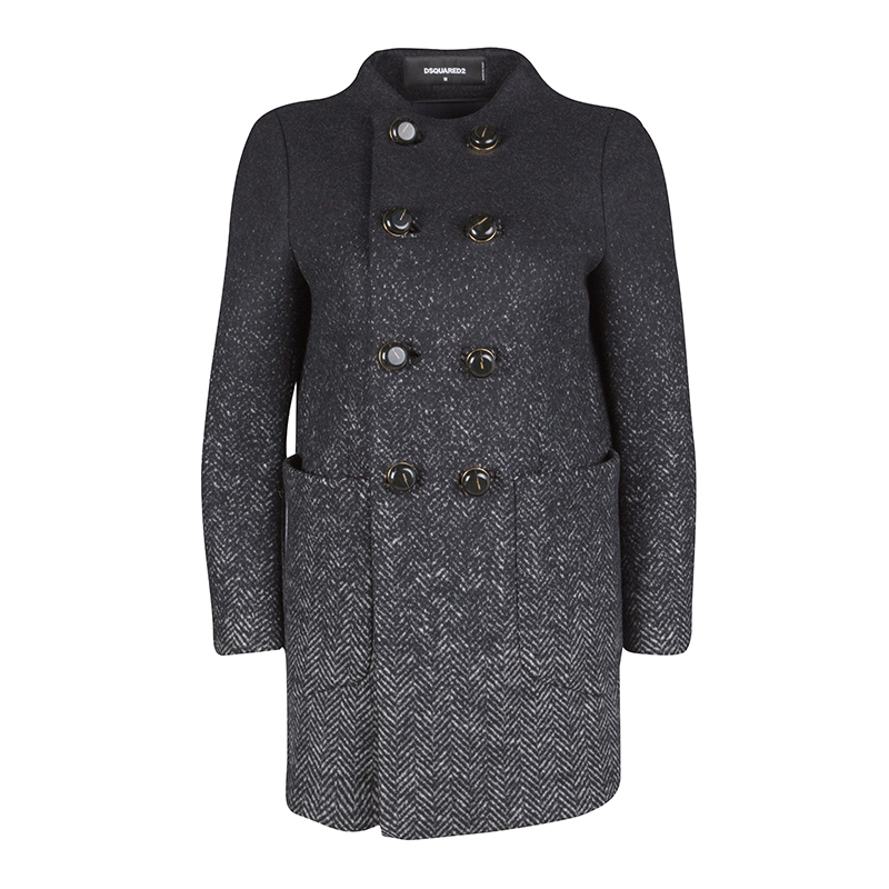 Dsquared2 Black Gradient Herringbone Pattern Wool Overcoat M