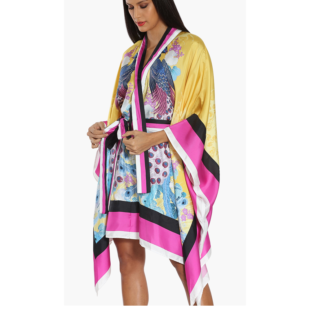 

Dsquared2 Yellow Peacock Silk Kimono Dress  (IT 40, Multicolor