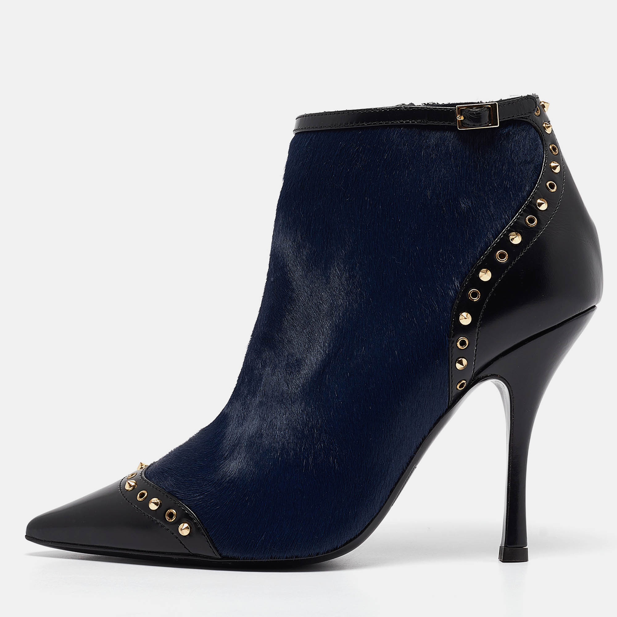 

Dsquared2 Black/Blue Calfhair and Leather Studded Heeled Ankle Length Boots Size