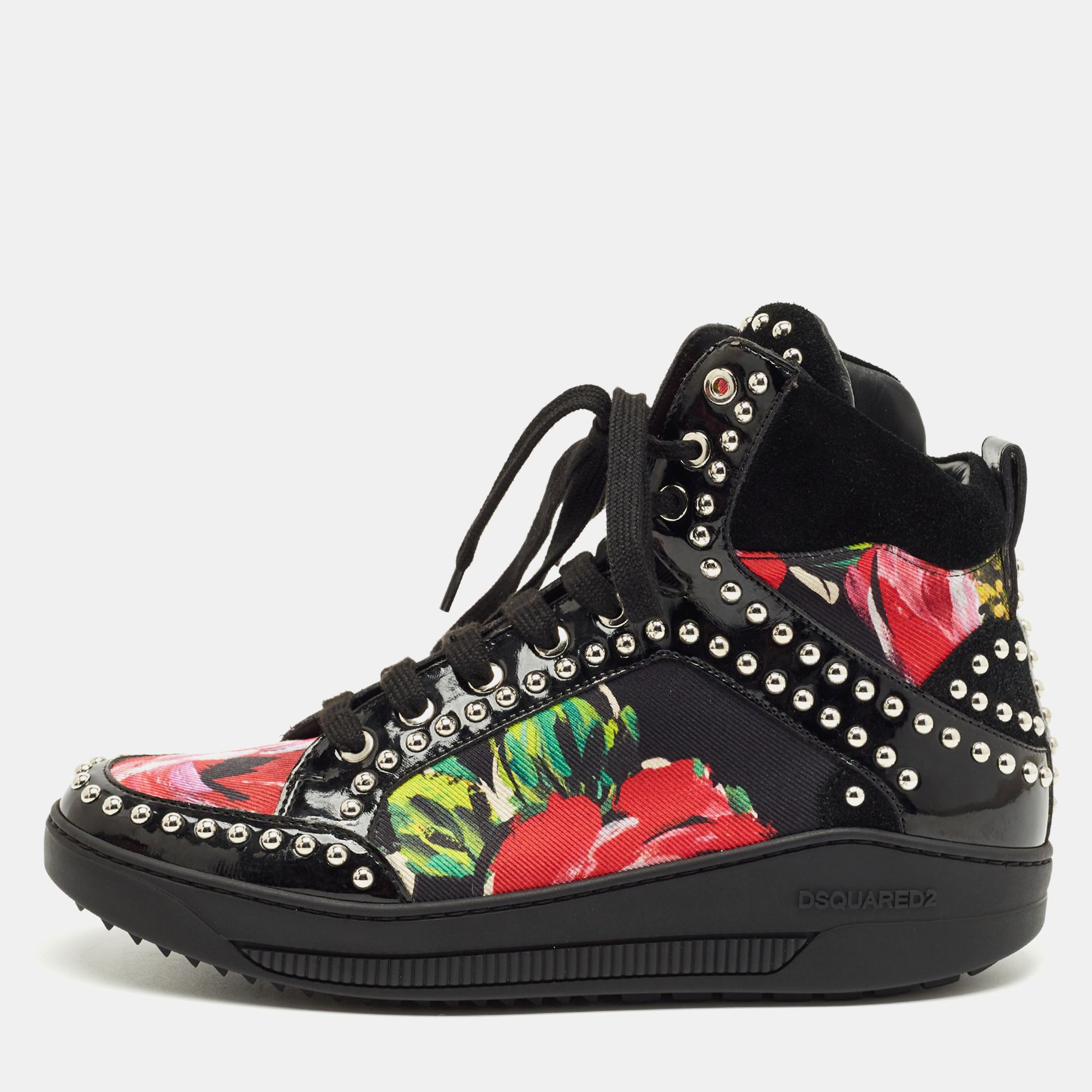 Pre-owned Dsquared2 Multicolor Floral Print Canvas And Patent Leather High Top Sneakers Size 38