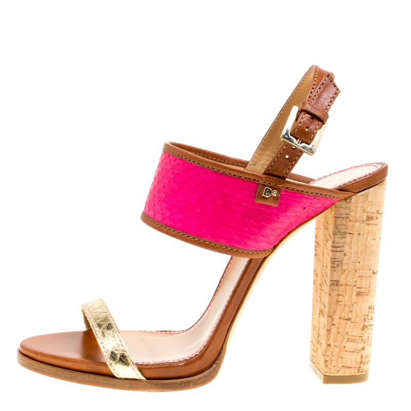 

Dsquared2 Tricolor Embossed Python Leather Cork Block Heel Sandals Size, Pink