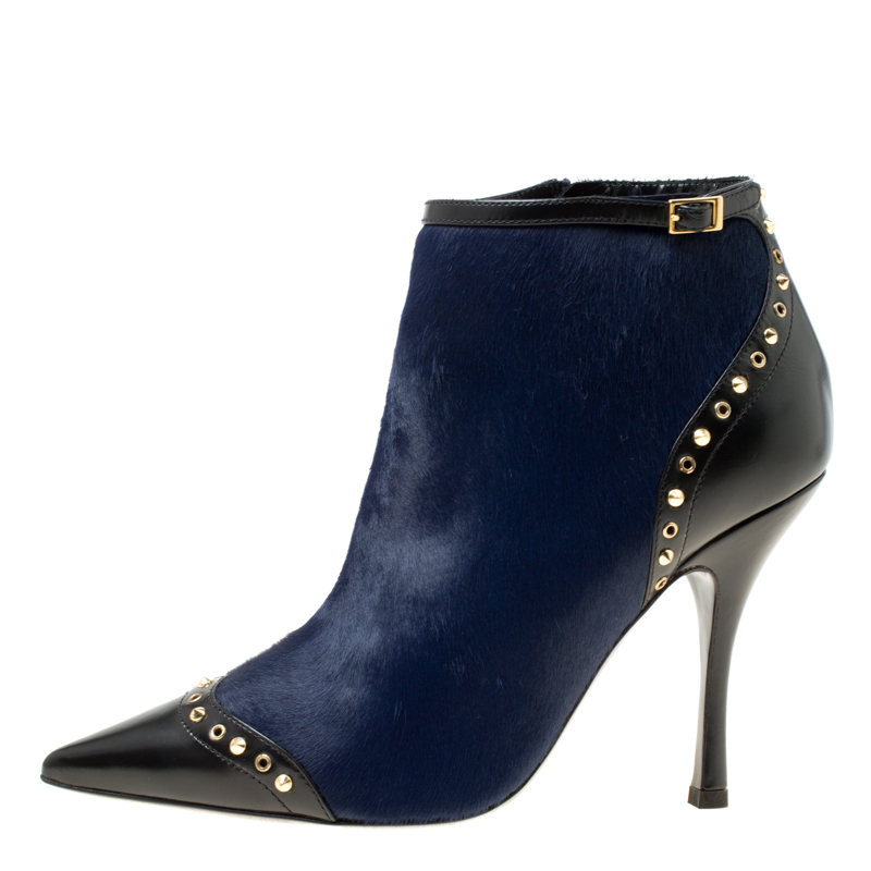 

Dsquared2 Black Leather With Navy Blue Calf Hair Spike Studded Pointed Toe Ankle Boots Size