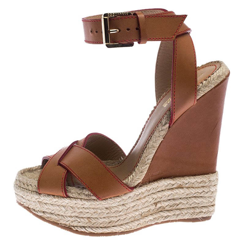 

Dsquared2 Brown Leather Wedge Espadrille Platform Sandals Size