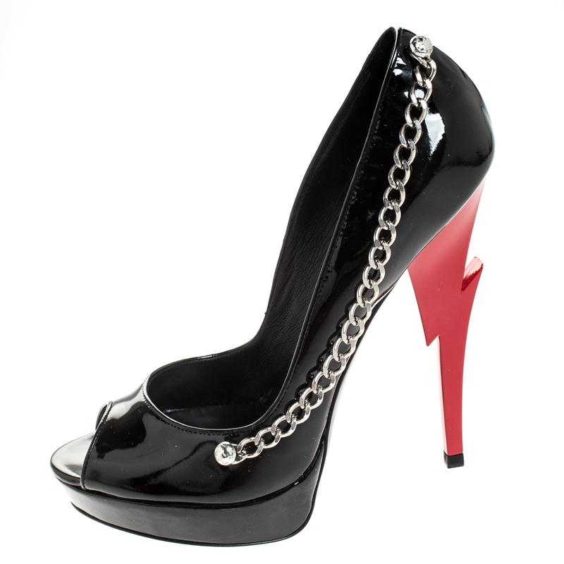 

Dsquared2 Black Patent Leather Chain Detail Peep Toe Platform Pumps Size