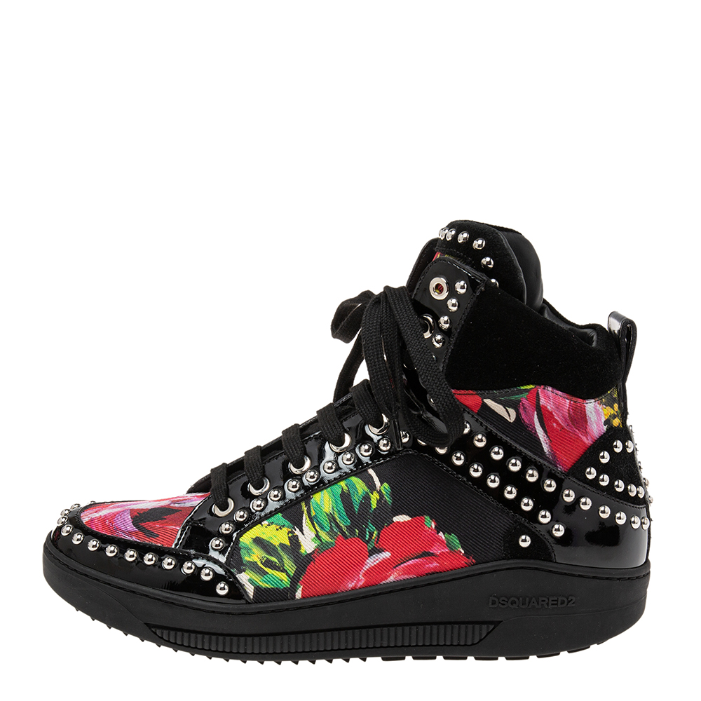 

Dsquared2 Multicolor Patent Leather And Floral Print Fabric Studded High Top Sneakers Size