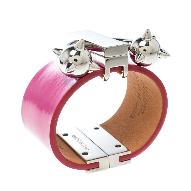 

Dsquared2 Pink Leather Silver Tone Wide Cuff Bracelet