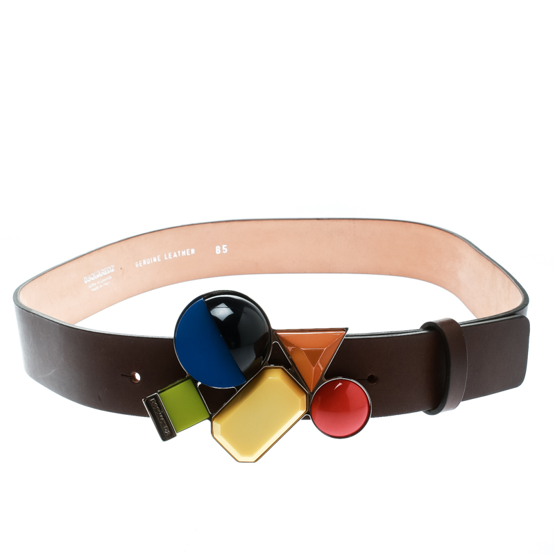 Pre Owned Dsquared2 Brown Leather Buckle Embellished Belt Size 85 CM