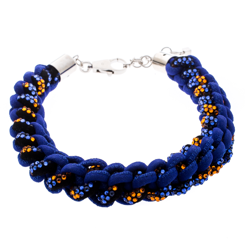 

Dsquared2 Royal Blue Crystal Embellished Leather Intrecciato Necklace