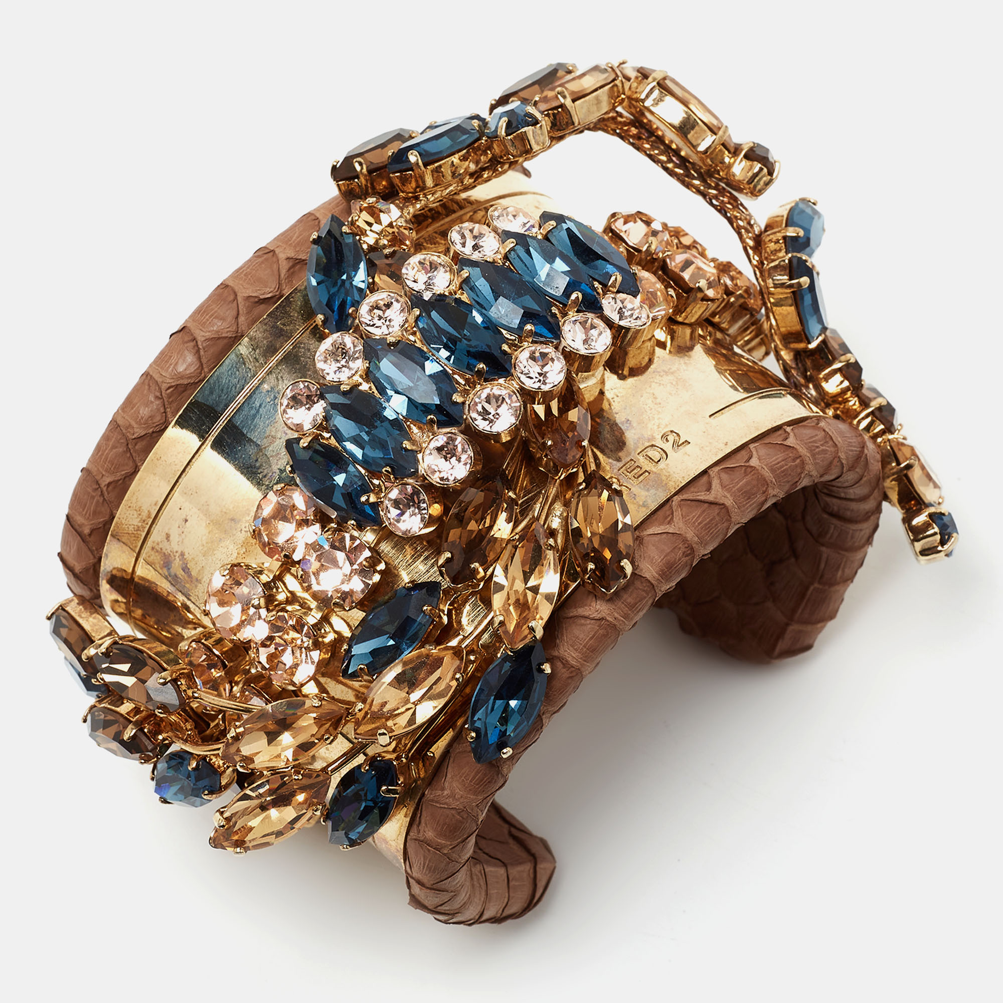 

Dsqaured2 Brown Snakeskin Leather Gold Tone Crystal Embellished Cuff Bracelet