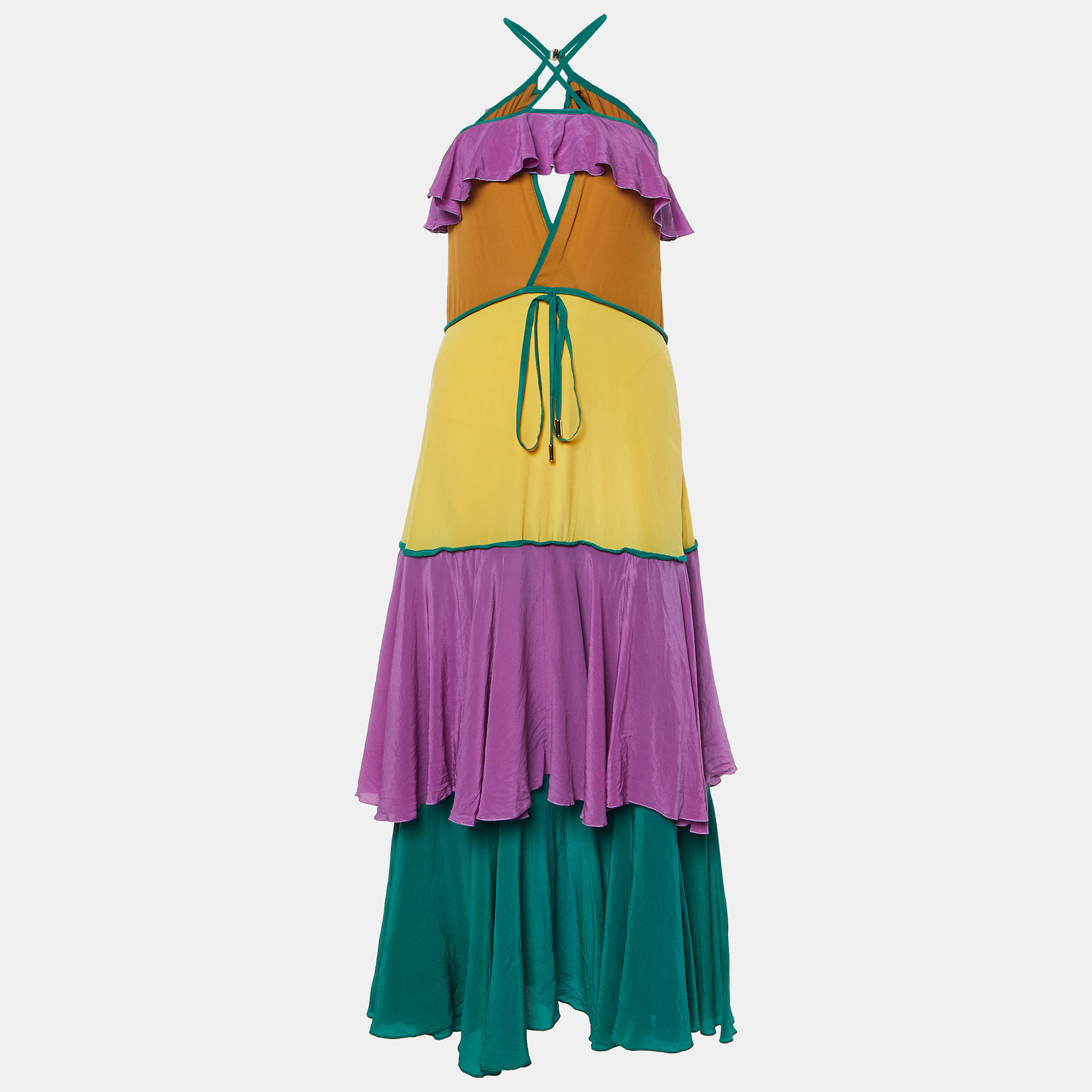 

Dsquared2 Purple Colorblock Silk Ruffled Sleeveless Long Dress S