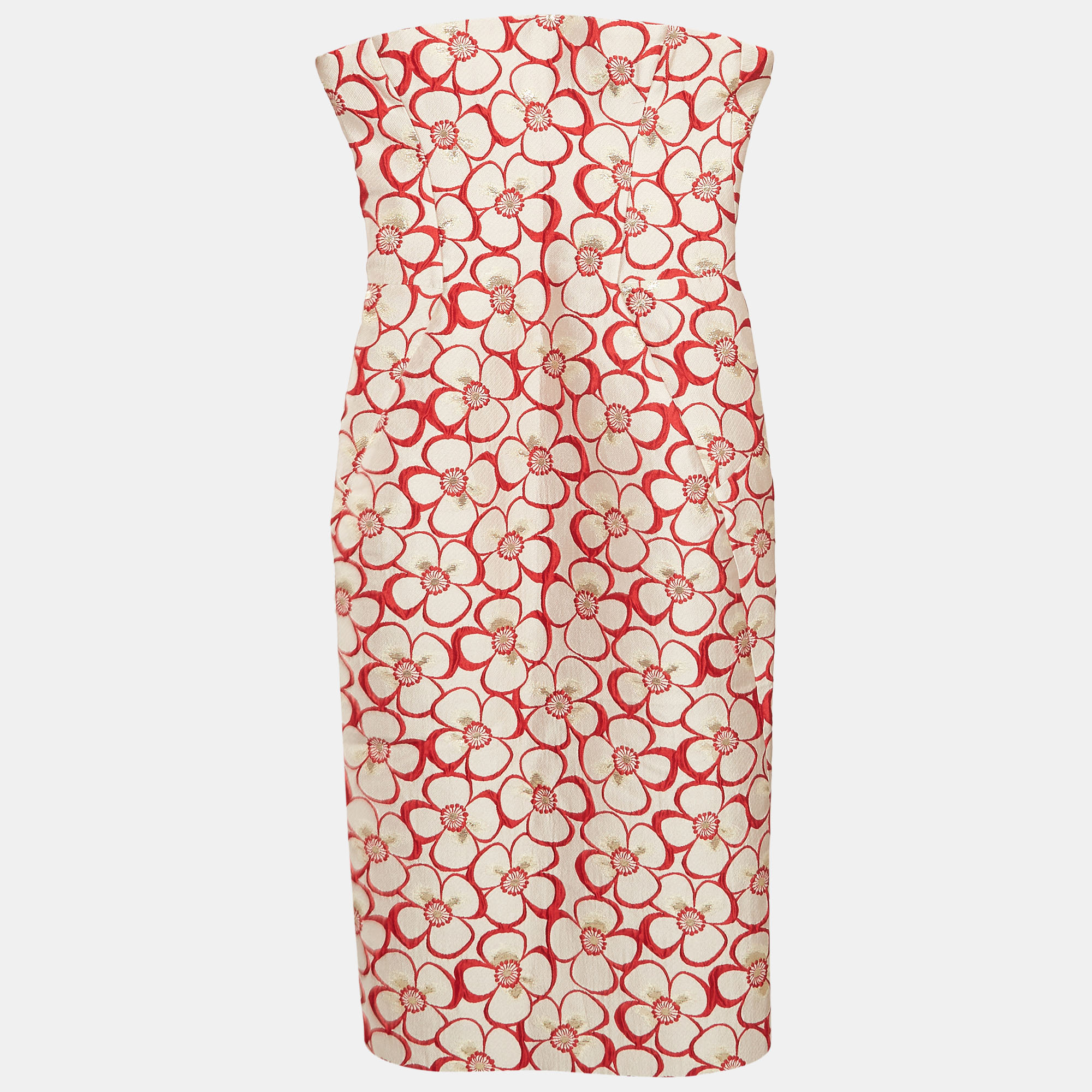 

Dsquared2 Cream and Red Floral Lurex Jacquard Strapless Dress M