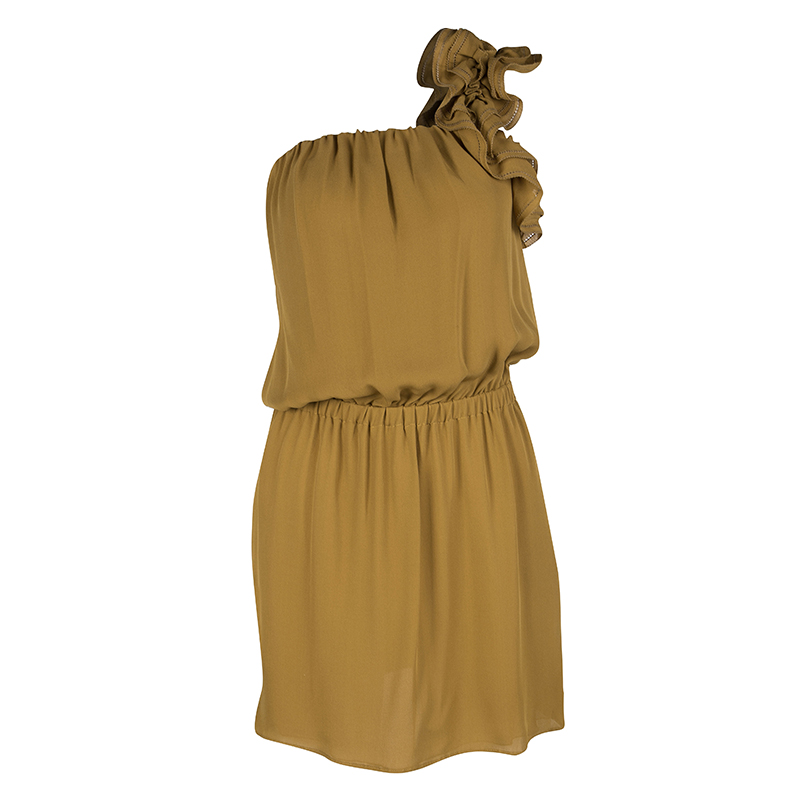 Pre Owned Dsquared2 Camel Brown Silk Ruffle Detail One Shoulder Dress S