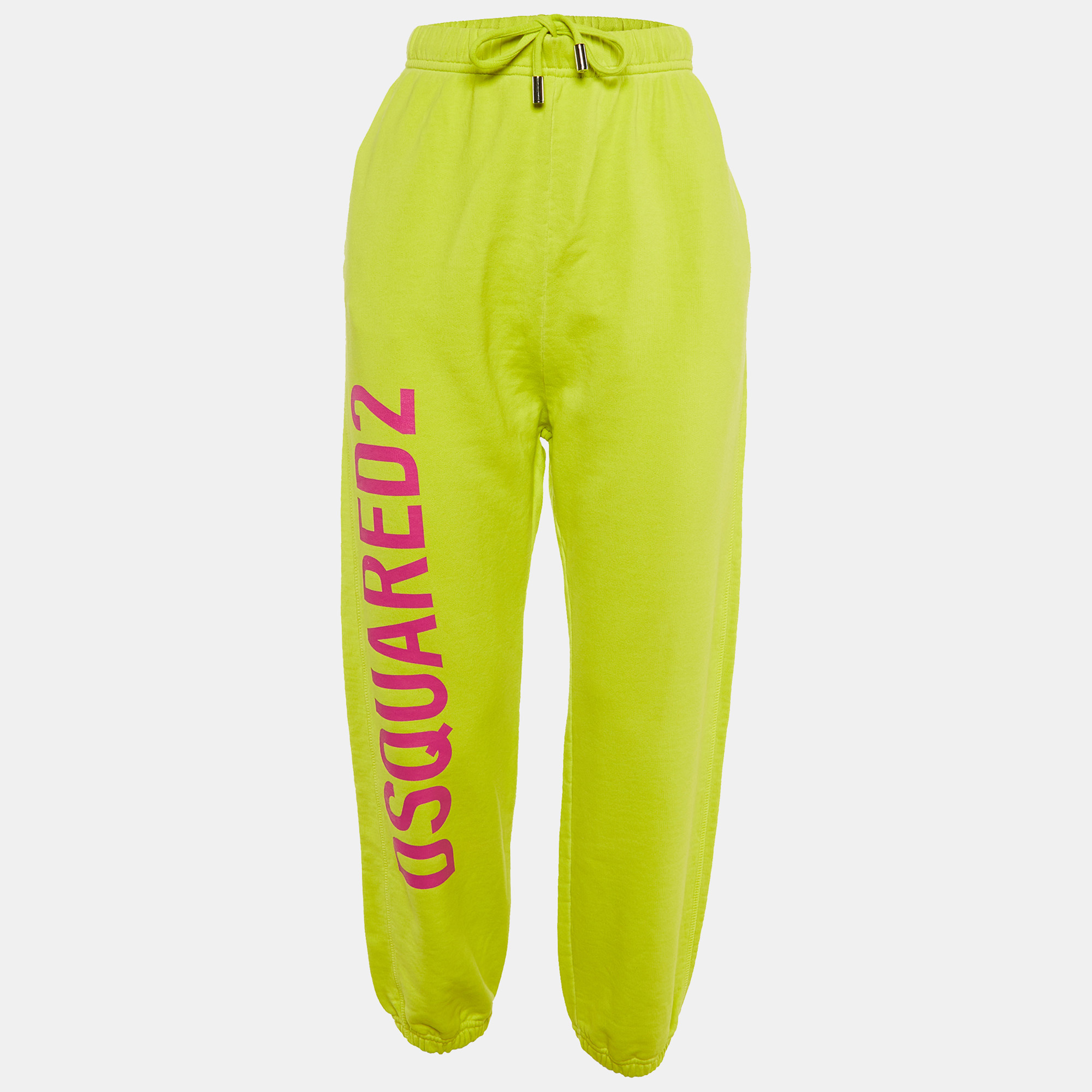 

Dsquared2 Neon Green Cotton Knit Logo Printed Joggers XS