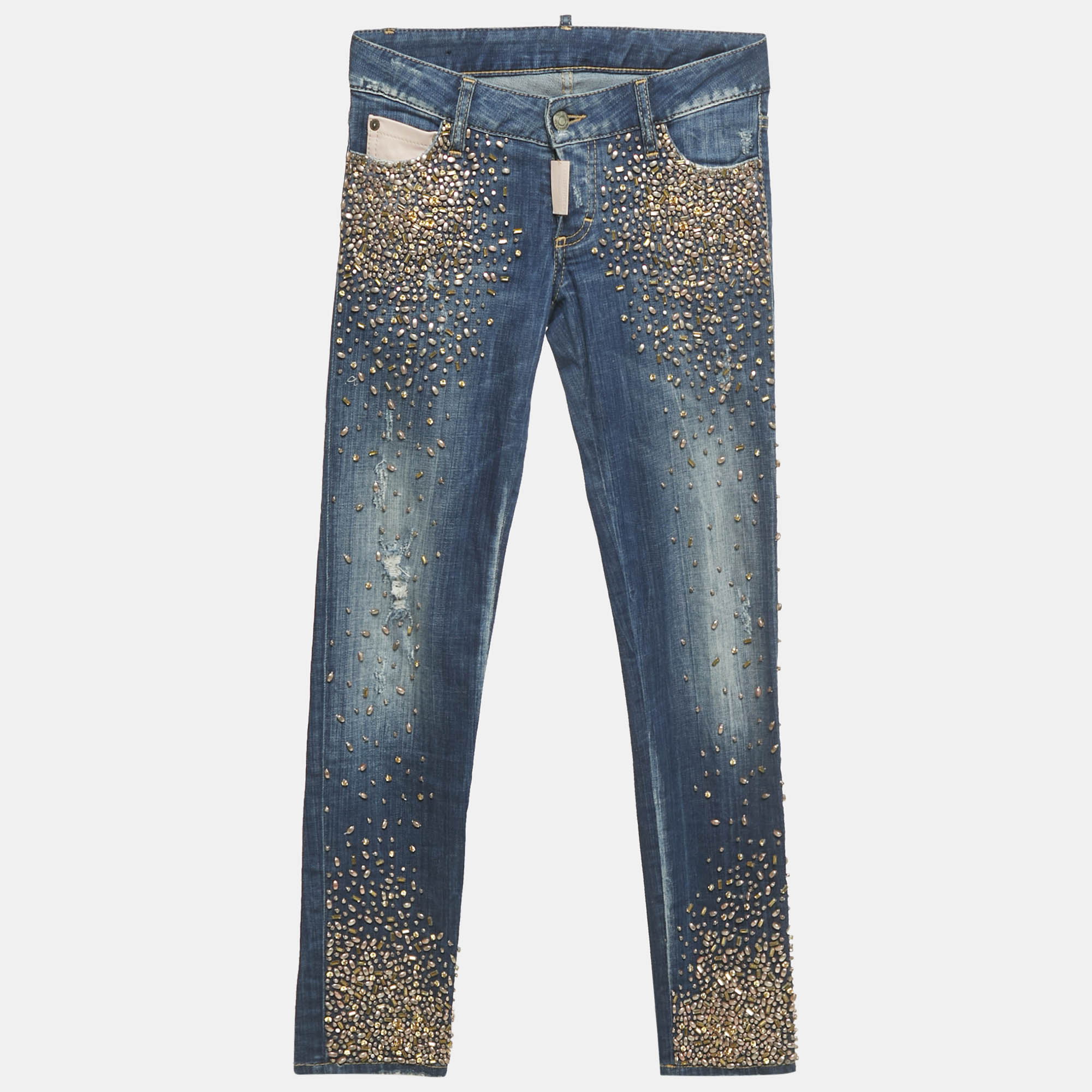 

Dsquared2 Blue Embellished Denim Skinny Cropped Jeans S Waist 28"