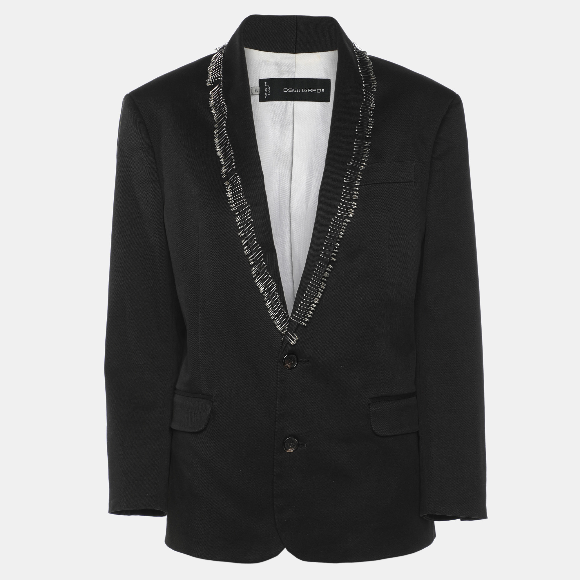 

Dsquared2 Black Gabardine Fabric Safety Pin Collar Blazer L