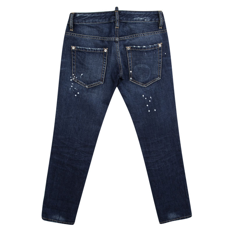

Dsquared2 Indigo Dark Wash Faded Effect Denim Distressed Skinny Jeans, Blue