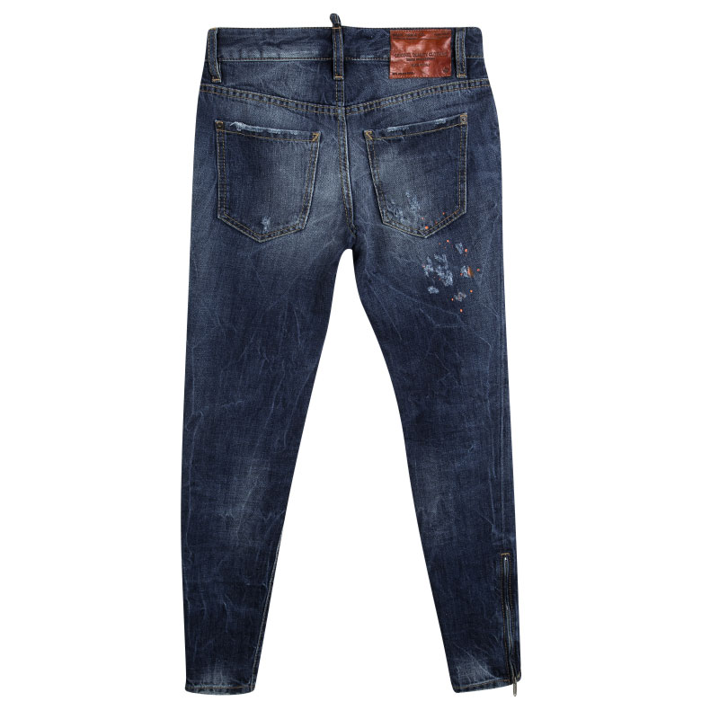 

Dsquared2 Indigo Dark Wash Faded Effect Denim Distressed Jeans XS, Blue