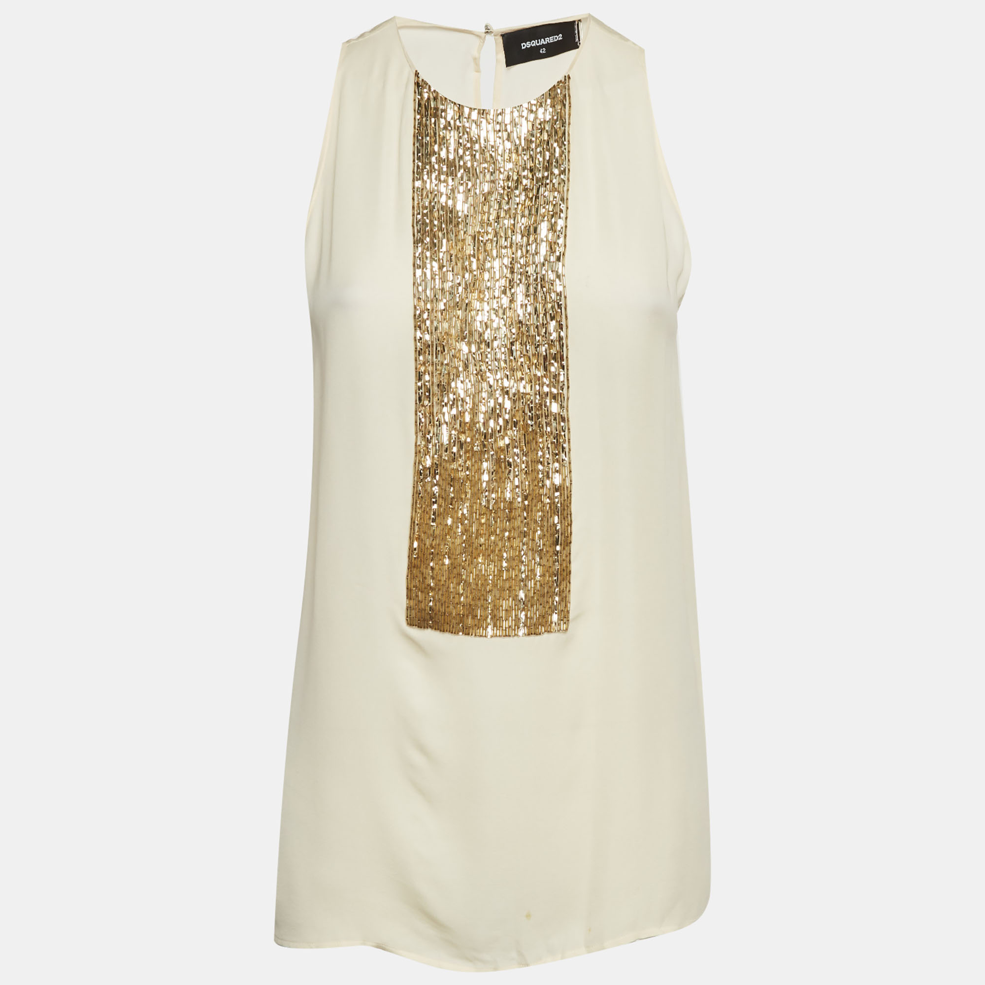 Pre-owned Dsquared2 Cream Chiffon Embellished Sleeveless Top M In White