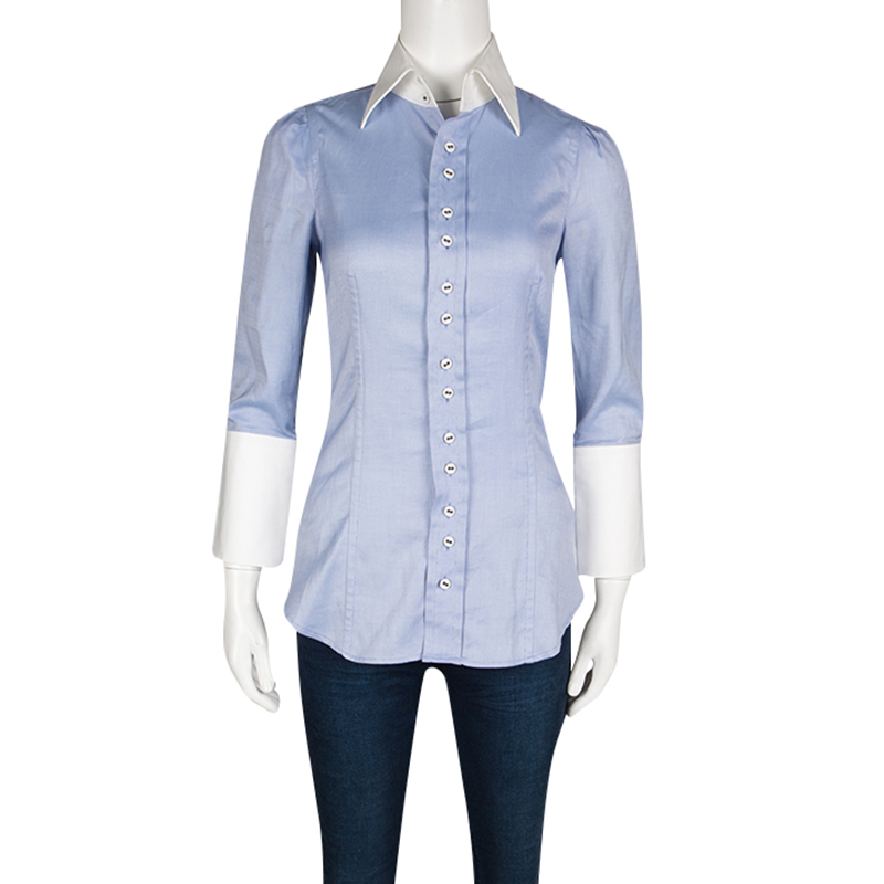 

Dsquared2 Blue Cotton Contrast Collar and Cuff Detail Long Sleeve Shirt