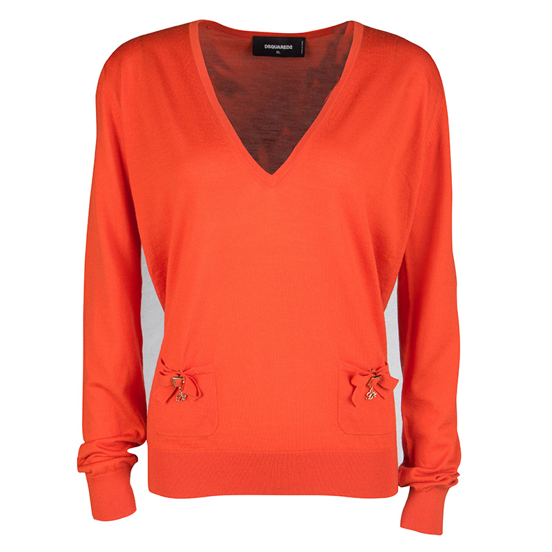 Dsquared2 Orange Pocket Bow Detail V-Neck Sweater XL