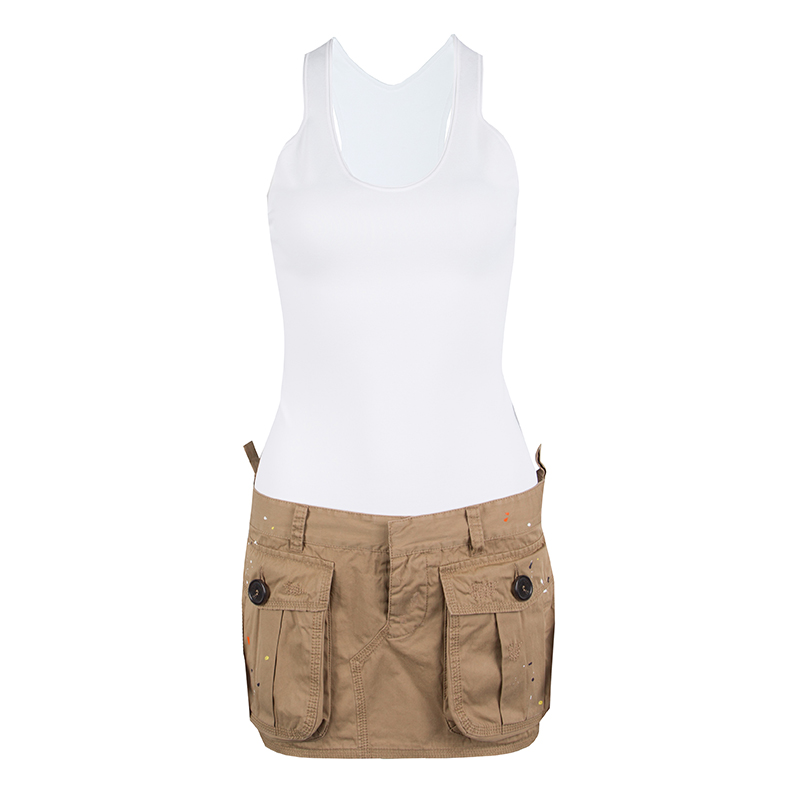 Pre Owned Dsquared2 Khaki and White Splattered Cargo Pocket Detail Tank Mini Dress S
