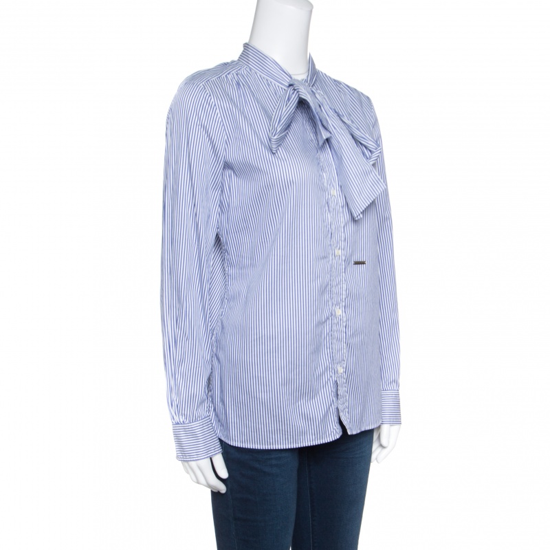 

Dsquared2 White and Blue Striped Cotton Neck Tie Long Sleeve Shirt