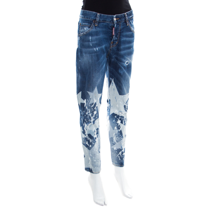 

Dsquared2 Indigo Light Wash Star Print Detail Distressed Denim Jeans, Blue