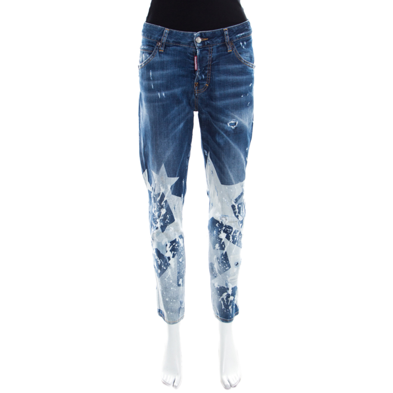 Dsquared2 Indigo Light Wash Star Print Detail Distressed Denim Jeans S
