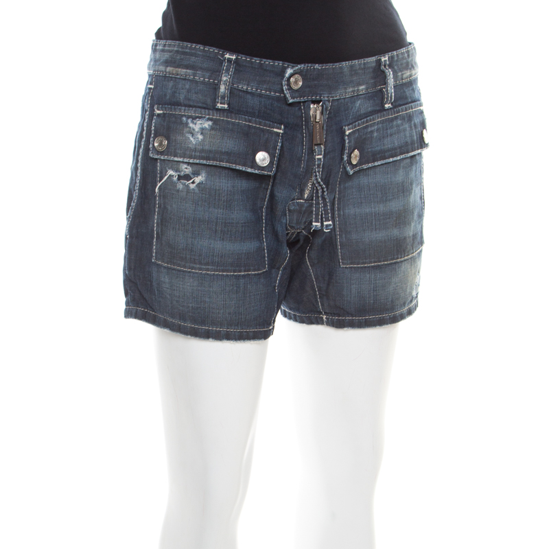 

Dsquared2 Blue Faded Effect Distressed Denim Zip Front Shorts