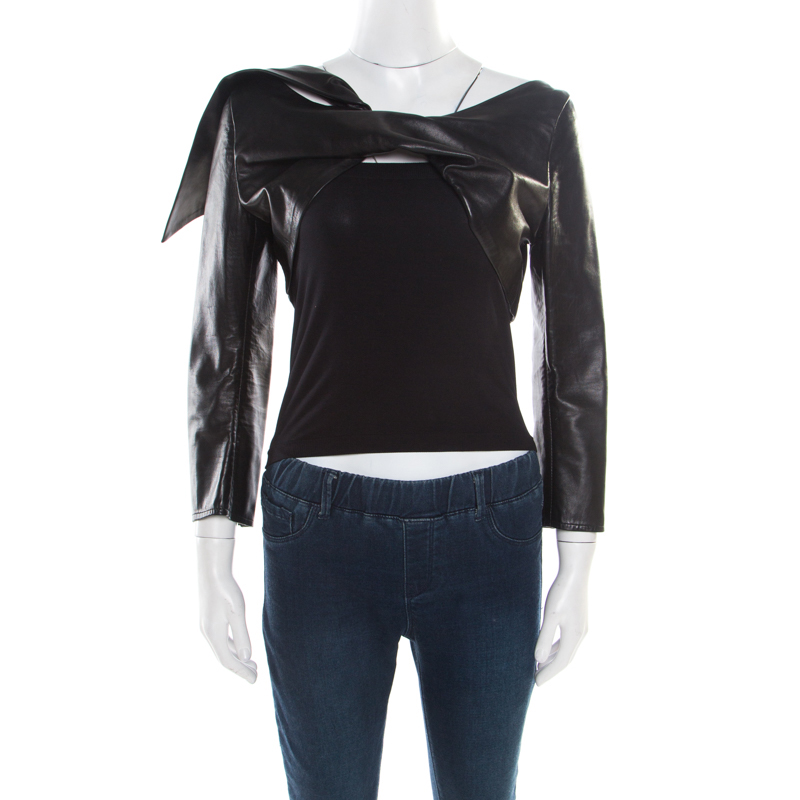 Dsquared2 Black Leather Twist Front Cropped Jacket L