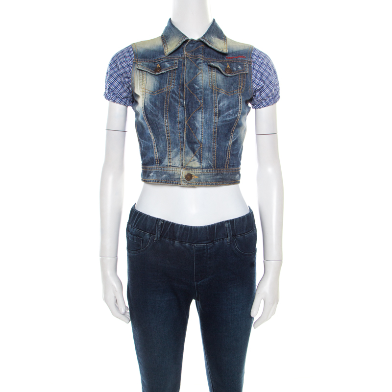 

DSquared2 Indigo Distressed Faded Effect Contrast Sleeve Cropped Denim Vest S, Blue