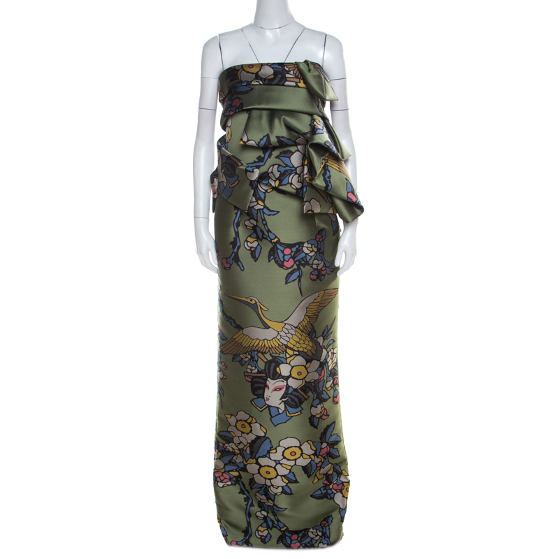 Pre Owned Dsquared2 Green Cherry Blossom Print Silk Draped Bodice Strapless Dress M