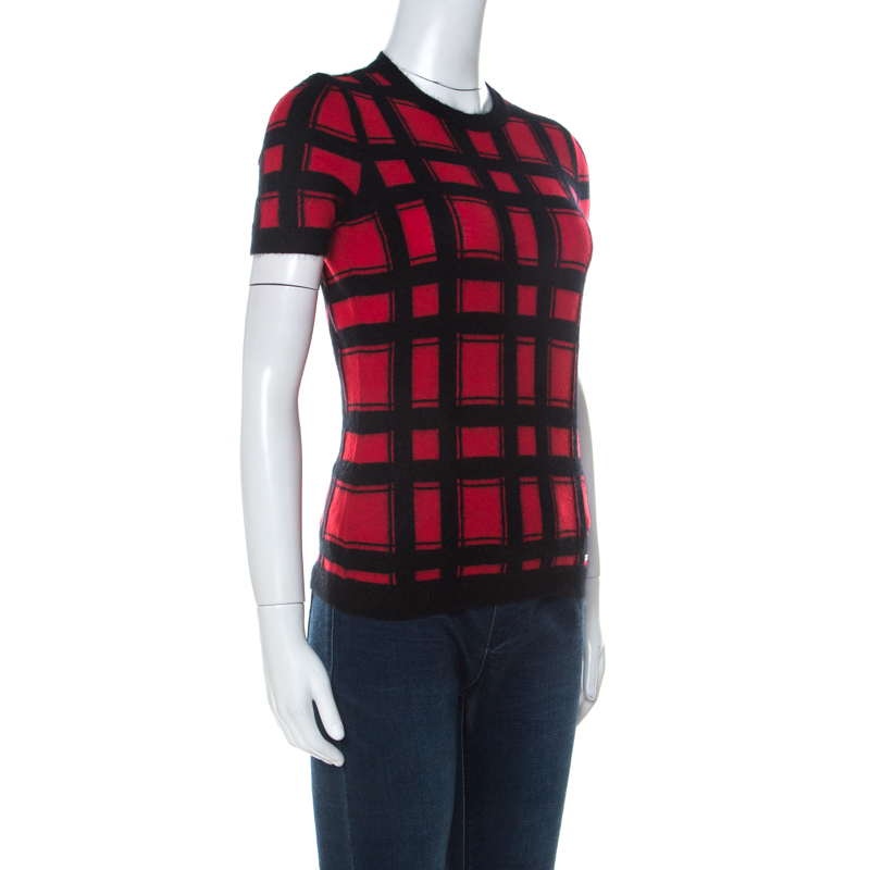 

Dsquared2 Red Plaid Angora Wool Short Sleeve Top