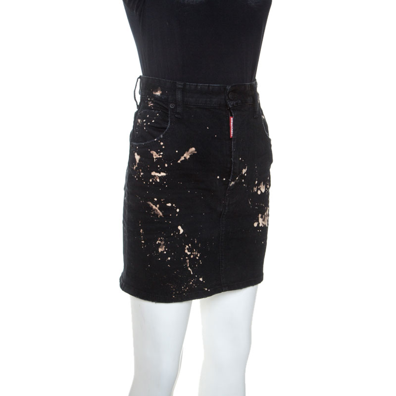 

Dsquared2 Black Distressed Denim Splatter Bleach Detail Short Skirt