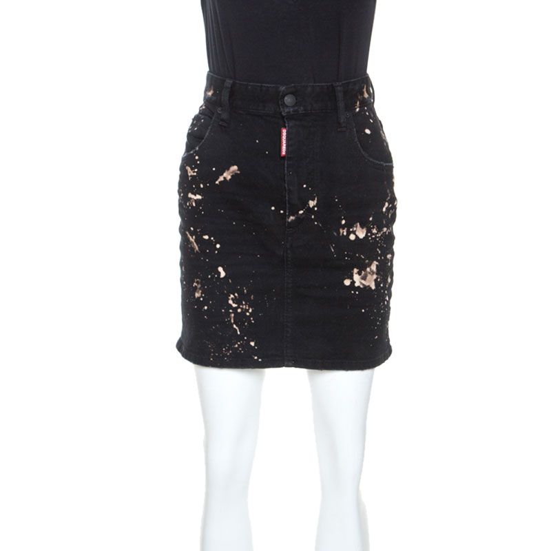 Pre Owned Dsquared2 Black Distressed Denim Splatter Bleach Detail Short Skirt S
