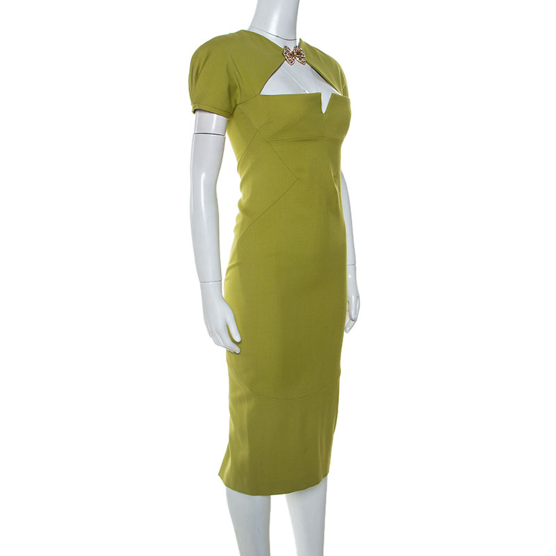 

Dsquared2 Light Green Wool Brooch Neckline Detail Midi Dress