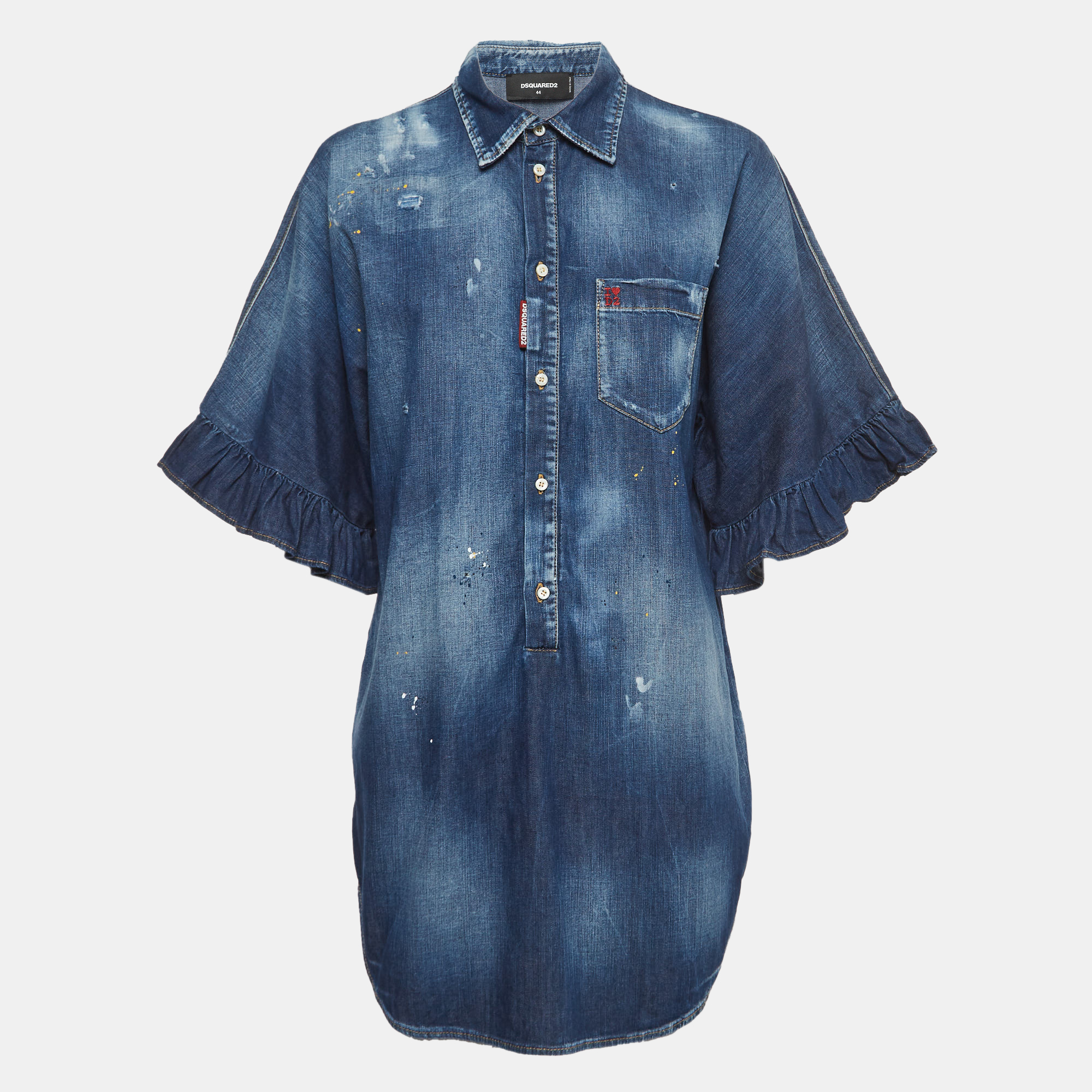 Pre-owned Dsquared2 Blue Washed Distressed Denim Frilled Sleeve Shirt M