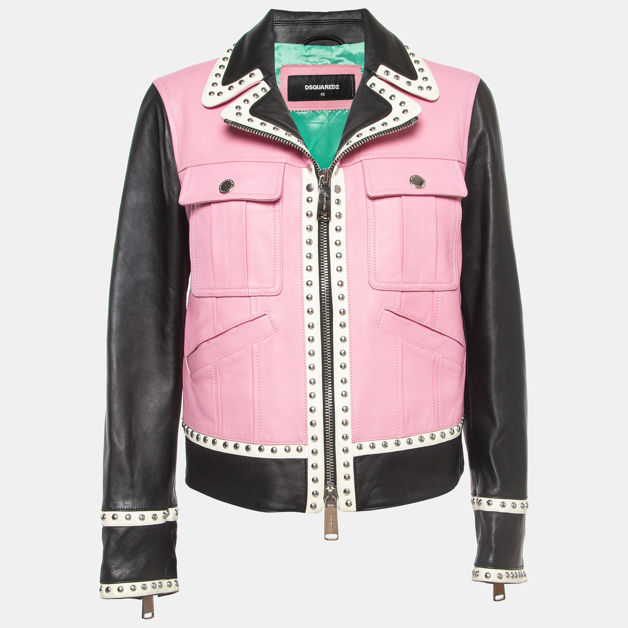 

Dsquared2 Pink Colorblocked Leather Studded Jacket M