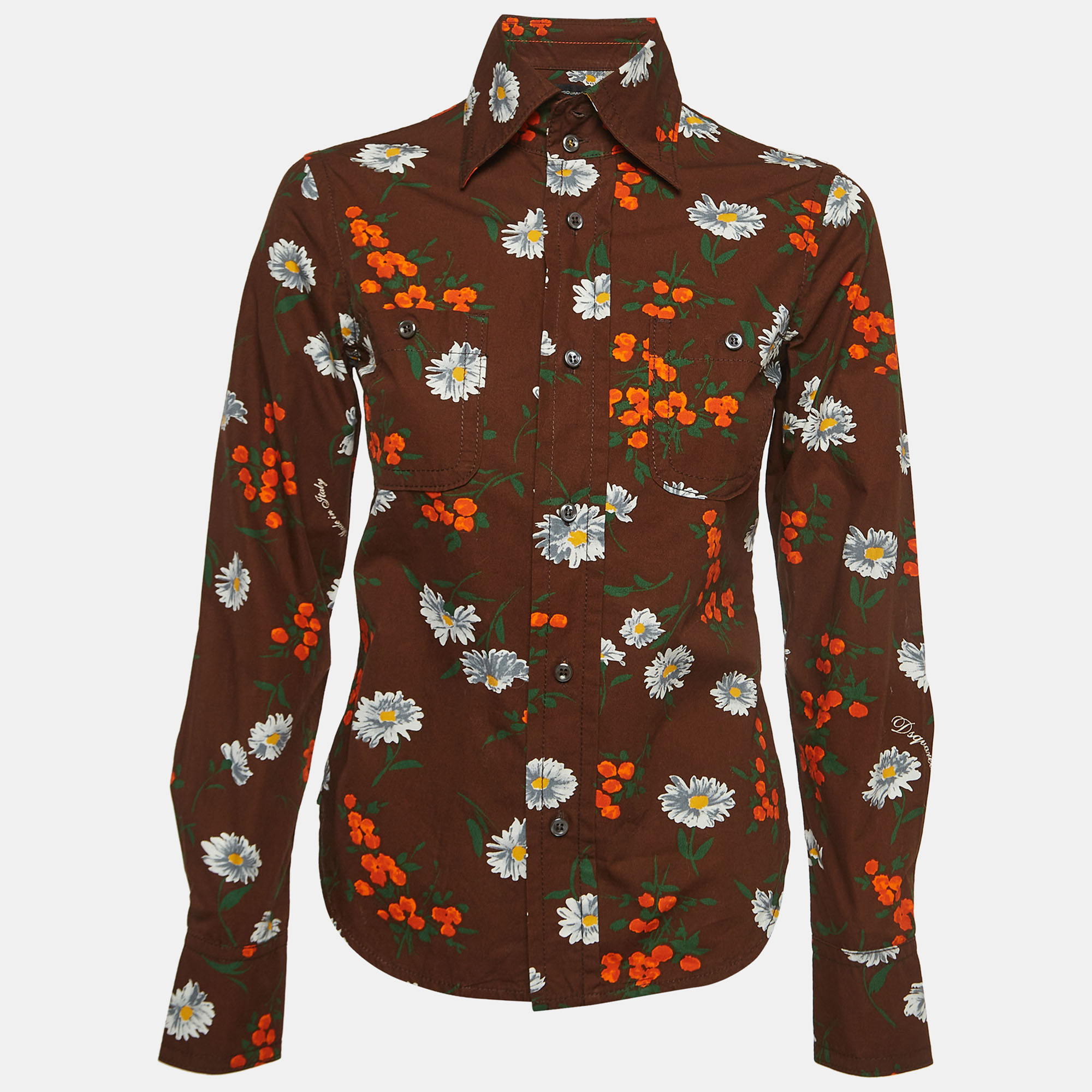 Pre-owned Dsquared2 Brown Flowers Print Cotton Full Sleeve Shirt S