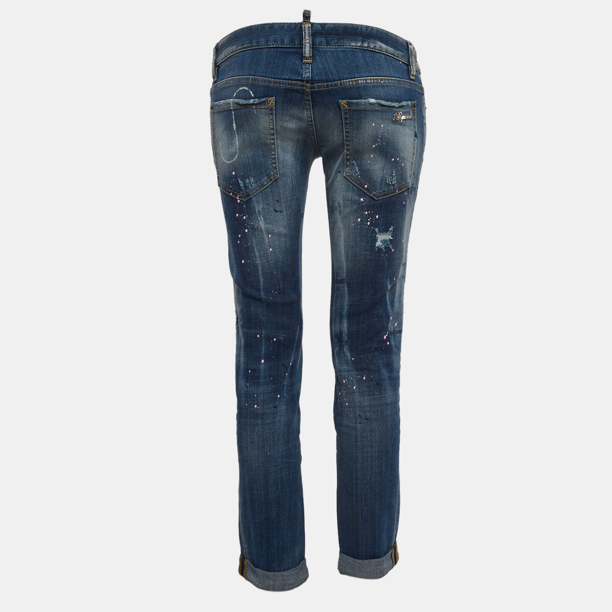 

Dsquared2 Blue Paint Splashed Distressed Denim Skinny Jeans  Waist 32