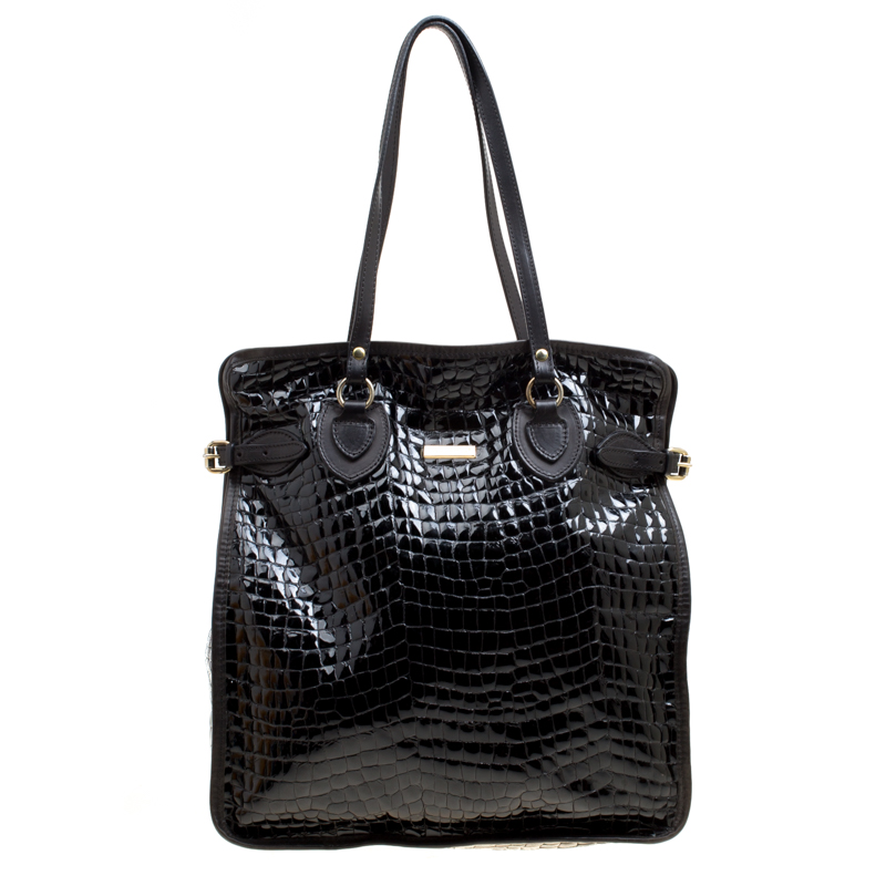

Dsquared2 Black Croc Embossed Patent Leather Tote