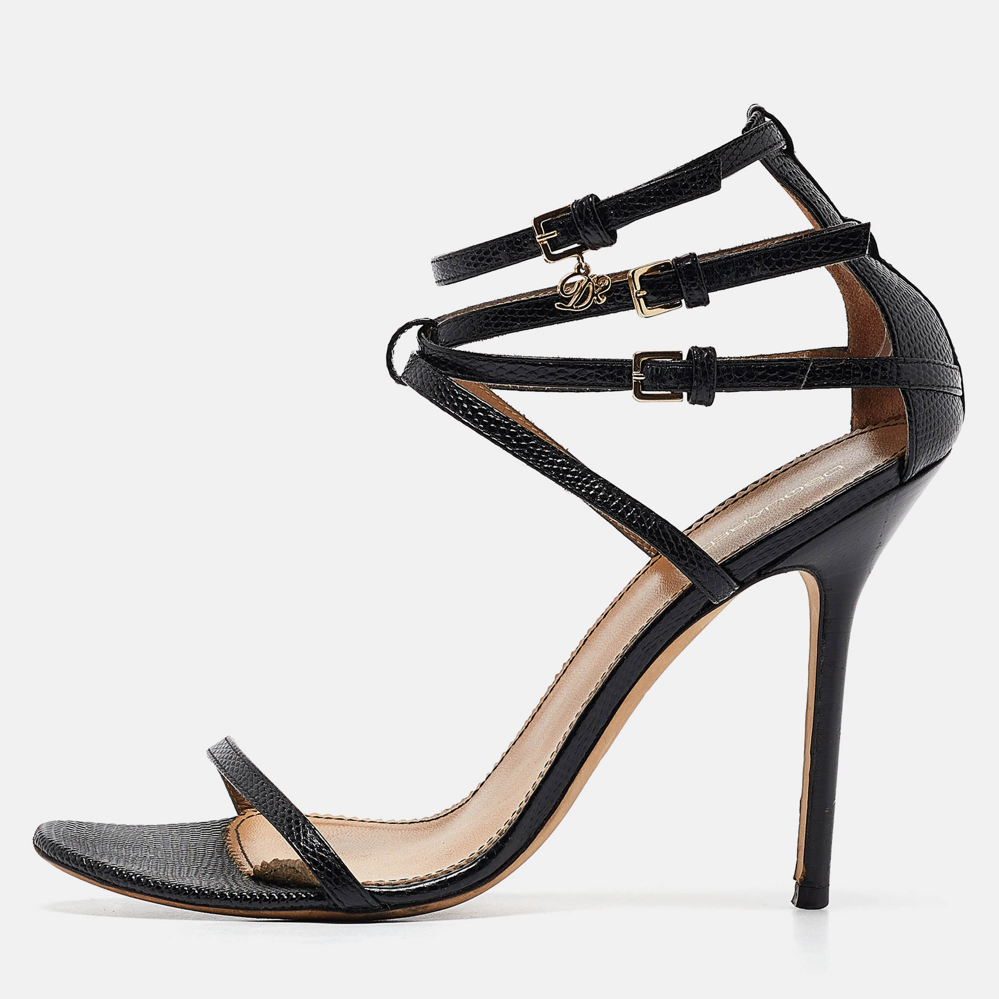 

Dsquared2 Black Lizard Embossed Leather Ankle Strap Sandals Size